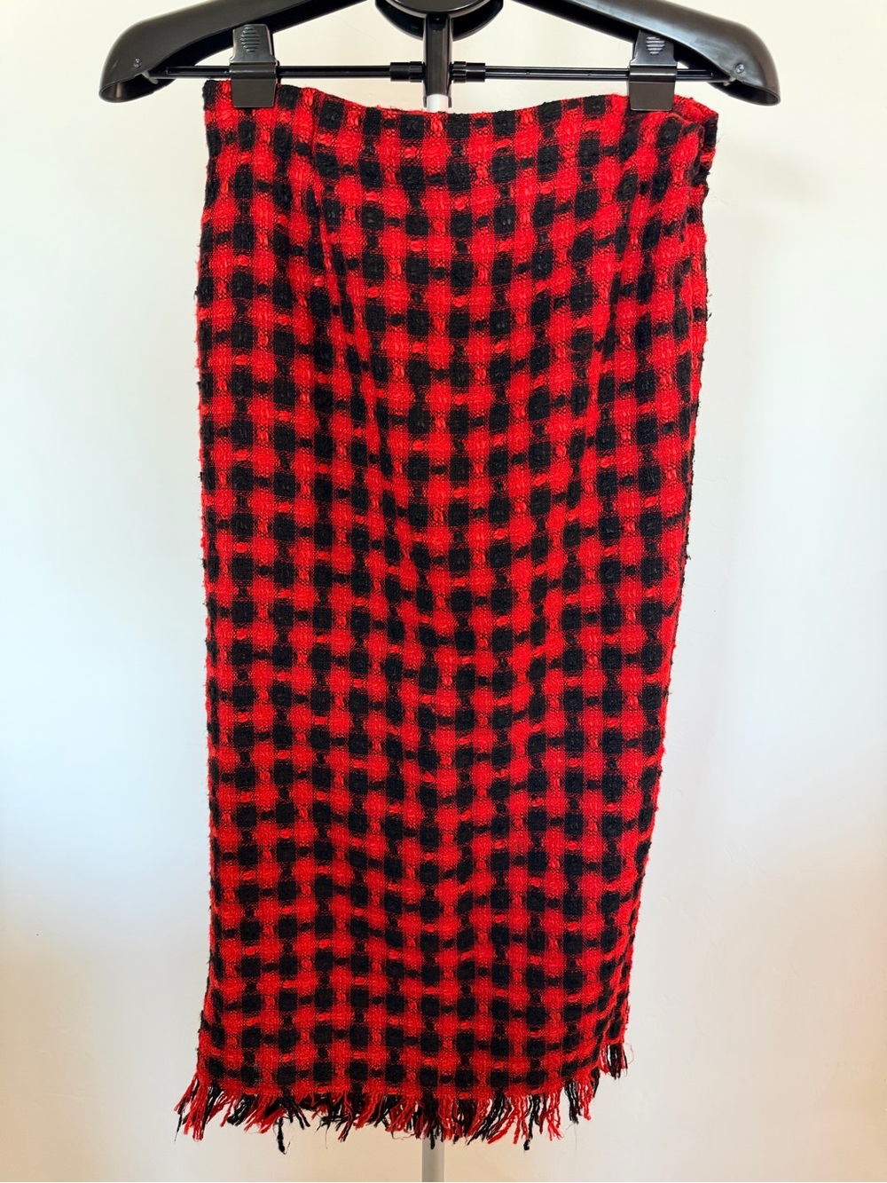 Red and Black Plaid Maxi Skirt with Fringe Detail